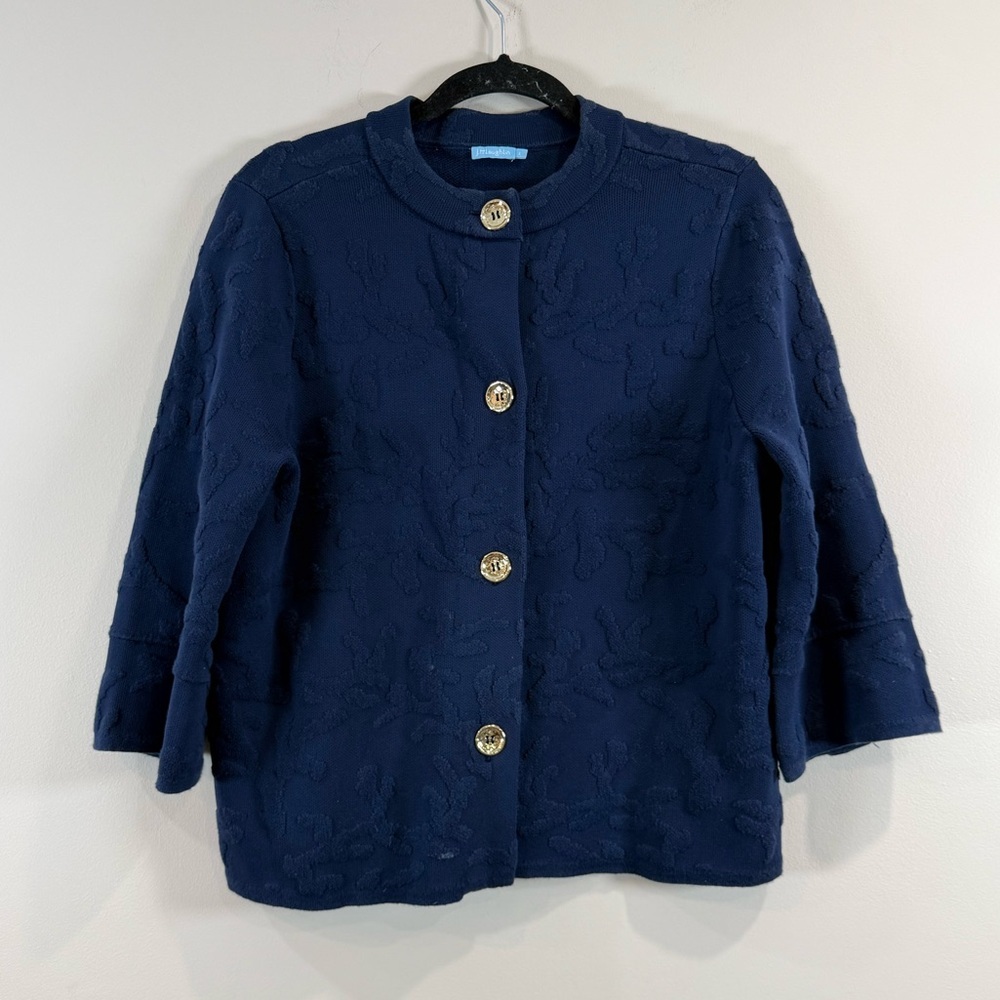 🔥J.McLaughlin Navy Textured Button-Front Women's Sweater Jacket Size L EC🔥